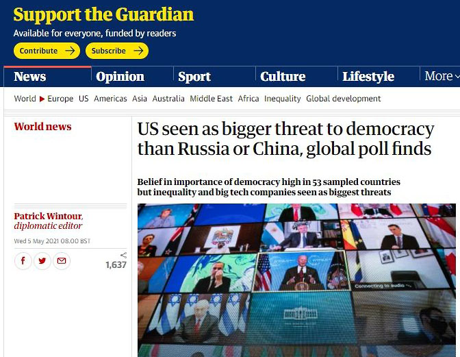 The Guardian-ი: დემოკრატიას საფრთხეს უქმნის აშშ და არა ჩინეთი ან რუსეთი