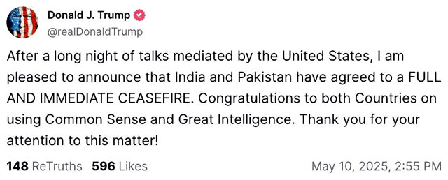 Трамп заявляет, что договорился с Индией и Пакистаном о полном и немедленном прекращении огня между двумя странами
