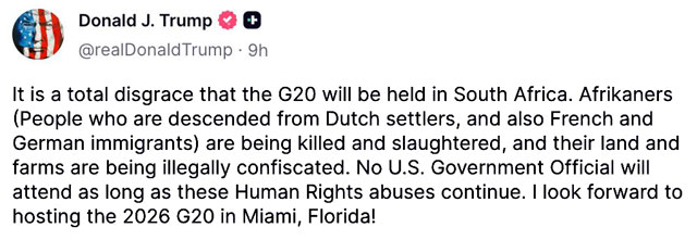 Трамп снова раскритиковал саммит "Большой двадцатки" в ЮАР