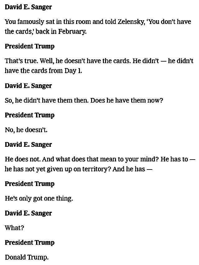 Дональд Трамп заявил, что у Зеленского по-прежнему нет «реальных карт» в переговорах по Украине