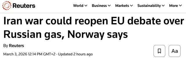 В ЕС могут возобновиться разговоры о необходимости закупать российский газ из-за войны на Ближнем Востоке