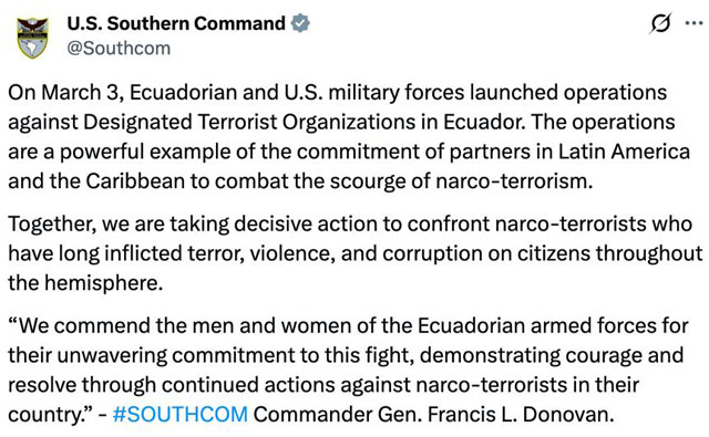 США начали очередную военную операцию - против наркокартелей в Эквадоре