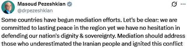Президент Ирана Масуд Пезешкиан заявил, что ряд стран начали посреднические усилия для завершения конфликта с США и Израилем