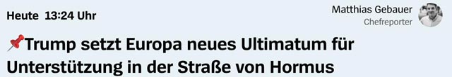 Трамп требует от Европы в ближайшие дни пообещать направить свои военные корабли или другие силы в Ормузский пролив