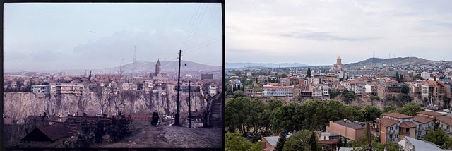Вид на левый берег реки Куры с горы Таборис-Мта (Фаворская гора), Тбилиси, 1965 и 2026 годы