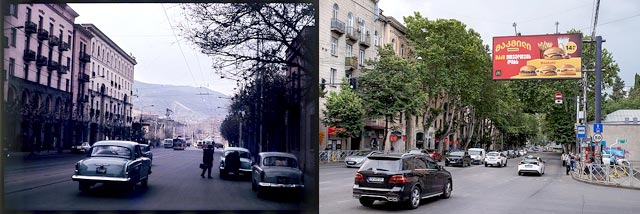 Проспект Царицы Тамары в сторону моста Царицы Тамары, Тбилиси, 1965 и 2026 годы