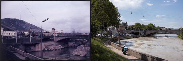 Вид на набережную Куры, гору Мтацминда и мост Метехи, Тбилиси, 1965 и 2026 годы