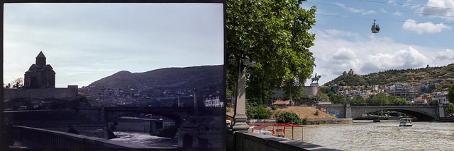 Вид на набережную реки Куры, гору Таборис-Мта (Фаворская гора), мост Метехи, храм Метехи и памятник основателю города Вахтангу Горгасали, Тбилиси, 1965 и 2026 годы