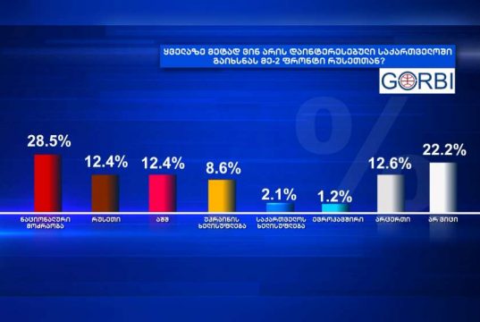 GORBI: გამოკითხულთა 28,5% მიიჩნევს, საქართველოში მეორე ფრონტის გახსნით ყველაზე მეტად „ნაციონალური მოძრაობაა“ დაინტერესებული