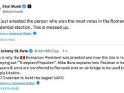 Илон Маск назвал «ужасным» задержание кандидата в президенты Румынии Джорджеску Илон Маск назвал «ужасным» задержание кандидата в президенты Румынии Джорджеску