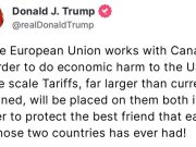 Трамп пригрозил ЕС и Канаде новыми пошлинами, если они будут сотрудничать против США Трамп пригрозил ЕС и Канаде новыми пошлинами, если они будут сотрудничать против США