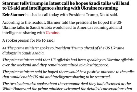 Стармер и Трамп обсудили предстоящие переговоры США и Украины в Саудовской Аравии, сообщает The Guardian Стармер и Трамп обсудили предстоящие переговоры США и Украины в Саудовской Аравии, сообщает The Guardian