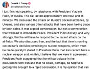 Дональд Трамп сообщил, что провел телефонный разговор с Владимиром Путиным Дональд Трамп сообщил, что провел телефонный разговор с Владимиром Путиным