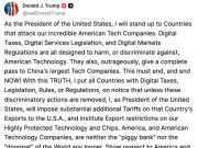 Дональд Трамп пригрозил ввести новые пошлины против стран, которые «атакуют американские технологические компании» с помощью цифровых налогов Дональд Трамп пригрозил ввести новые пошлины против стран, которые «атакуют американские технологические компании» с помощью цифровых налогов