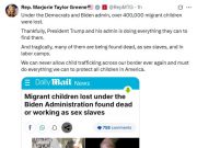 Конгрессвумен от Марджори Тейлор Грин заявила, что при демократах и администрации Байдена пропало свыше 400 тысяч несовершеннолетних мигрантов Конгрессвумен от Марджори Тейлор Грин заявила, что при демократах и администрации Байдена пропало свыше 400 тысяч несовершеннолетних мигрантов