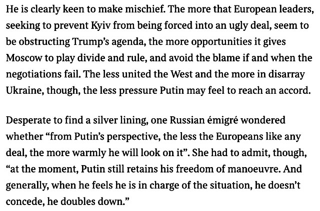 Заявления Путина о том, что европейские лидеры саботируют сделку по Украине, «вызывают некоторое сочувствие в Вашингтоне и даже в самой Европе» Заявления Путина о том, что европейские лидеры саботируют сделку по Украине, «вызывают некоторое сочувствие в Вашингтоне и даже в самой Европе»