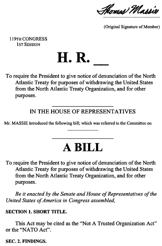 Республиканец Томас Масси внёс в Конгресс законопроект о выходе США из НАТО Республиканец Томас Масси внёс в Конгресс законопроект о выходе США из НАТО