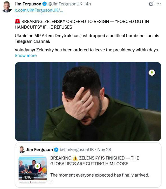 Британский политик Джим Фергюсон заявил, что народный депутат Украины Артем Дмитрук своим заявлением о судьбе Зеленского «обрушил политическую бомбу» Британский политик Джим Фергюсон заявил, что народный депутат Украины Артем Дмитрук своим заявлением о судьбе Зеленского «обрушил политическую бомбу»