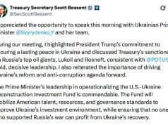 Министр финансов США Скотт Бессент провёл телефонный разговор с премьер-министром Украины Юлией Свириденко и её командой Министр финансов США Скотт Бессент провёл телефонный разговор с премьер-министром Украины Юлией Свириденко и её командой