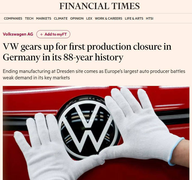 The Financial Times: Volkswagen готовится к первому за свою 88-летнюю историю закрытию производства в Германии The Financial Times: Volkswagen готовится к первому за свою 88-летнюю историю закрытию производства в Германии