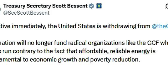 Министр финансов Скотт Бессент объявил, что США выходят из «Зелёного климатического фонда» Министр финансов Скотт Бессент объявил, что США выходят из «Зелёного климатического фонда»