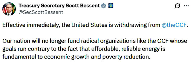 Министр финансов Скотт Бессент объявил, что США выходят из «Зелёного климатического фонда» Министр финансов Скотт Бессент объявил, что США выходят из «Зелёного климатического фонда»