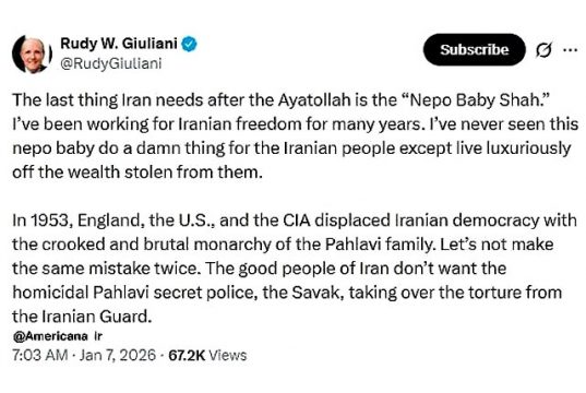 Руди Джулиани: «Не повторяйте прошлых ошибок, народ Ирана не хочет Пехлеви!» Руди Джулиани: «Не повторяйте прошлых ошибок, народ Ирана не хочет Пехлеви!»