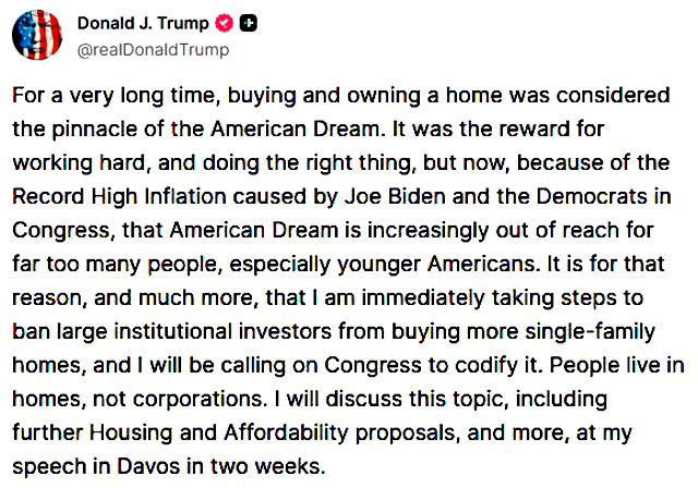 Дональд Трамп объявил о разработке мер по запрету крупным институциональным инвесторам покупать много домов для одной семьи Дональд Трамп объявил о разработке мер по запрету крупным институциональным инвесторам покупать много домов для одной семьи