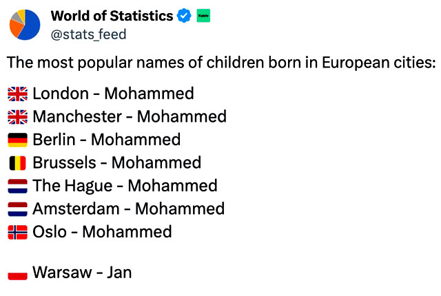 Имя Мохаммед стало самым популярным среди новорожденных в ЕС и Великобритании, — World of Statistics Имя Мохаммед стало самым популярным среди новорожденных в ЕС и Великобритании, — World of Statistics