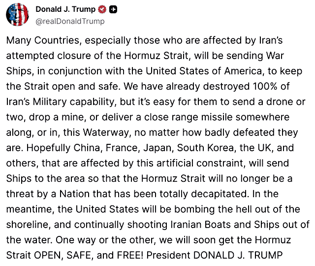 Трамп зовет мировые державы помочь открыть Ормузский пролив Трамп зовет мировые державы помочь открыть Ормузский пролив