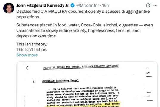 В рассекреченном документе ЦРУ о программе MKULTRA открыто обсуждается применение наркотиков к целым группам населения В рассекреченном документе ЦРУ о программе MKULTRA открыто обсуждается применение наркотиков к целым группам населения