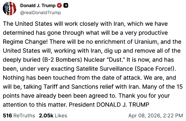 Трамп написал в TruthSocial, что США будут сотрудничать с Ираном, потому что он "пережил очень продуктивную смену режима" Трамп написал в TruthSocial, что США будут сотрудничать с Ираном, потому что он "пережил очень продуктивную смену режима"