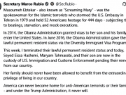 Госсекретарь США Марко Рубио аннулировал грин-карты семьи иранской террористки Масуме Эбтекар, известной как «Кричащая Мэри» Госсекретарь США Марко Рубио аннулировал грин-карты семьи иранской террористки Масуме Эбтекар, известной как «Кричащая Мэри»