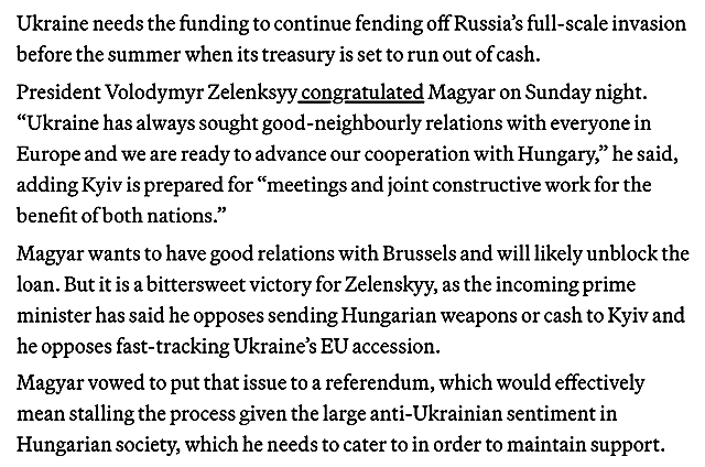 Победивший на выборах в Венгрии Петр Мадьяр выступает против поставок оружия Украине и ускоренного вступления Киева в ЕС Победивший на выборах в Венгрии Петр Мадьяр выступает против поставок оружия Украине и ускоренного вступления Киева в ЕС
