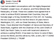 Трамп заявил, что провел разговоры с президентом Ливана Ауном и премьером Израиля и договорился о прекращении огня между странами на 10 дней Трамп заявил, что провел разговоры с президентом Ливана Ауном и премьером Израиля и договорился о прекращении огня между странами на 10 дней