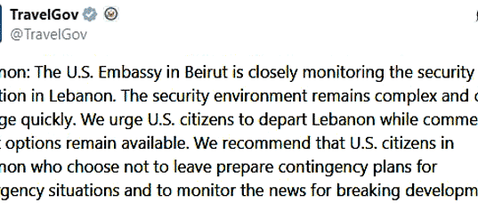Посольство США в Ливане призвало граждан срочно покинуть страну на фоне ухудшения ситуации с безопасностью Посольство США в Ливане призвало граждан срочно покинуть страну на фоне ухудшения ситуации с безопасностью